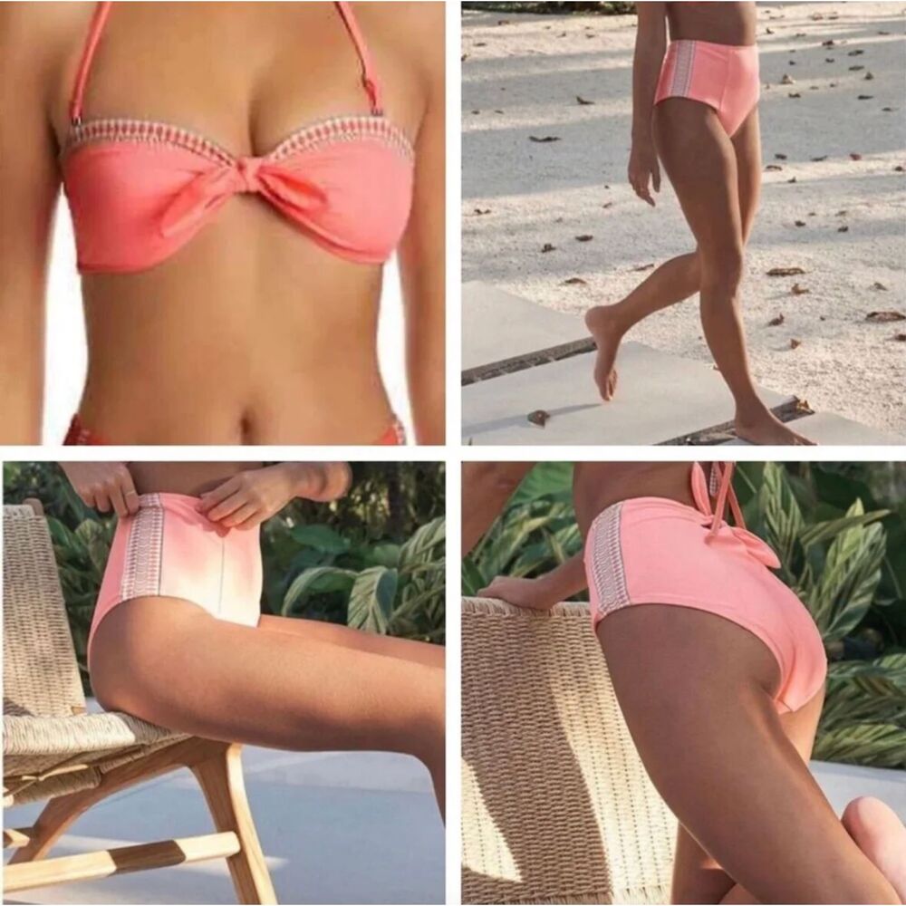 Lemlem Coral Bikini Set Lena Bandeau Top & High Waist Bottom size Large Bohemian